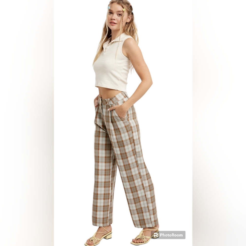 NWT Listicle Size Small Sky Blue Brown Plaid Pleated Wide Leg Trouser Pants - Picture 16 of 16